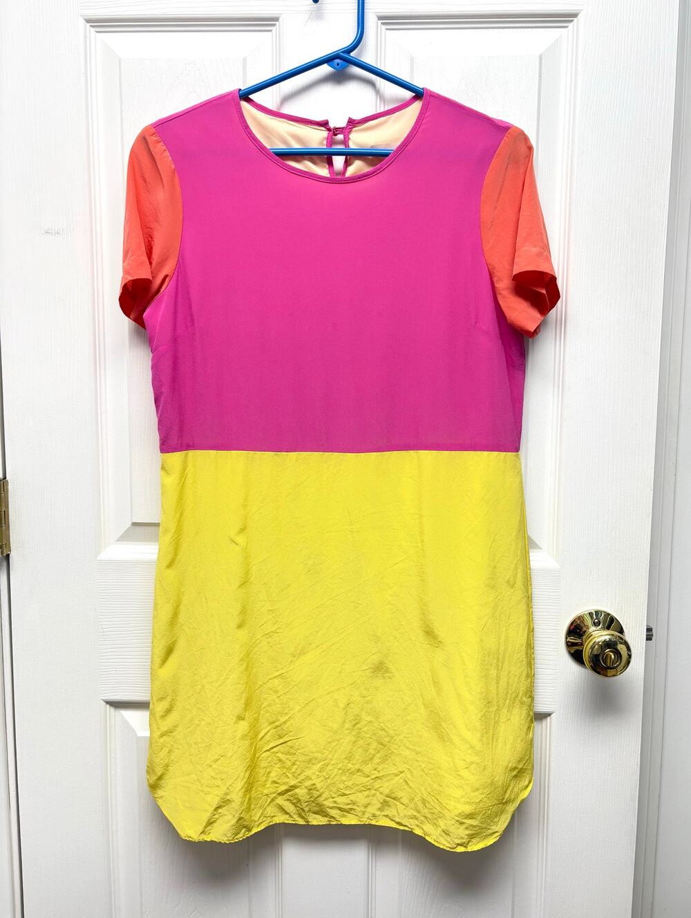 Hutch Dress 100% Silk Colorblock Pink Yellow Orange Short Sleeve Lined Size S